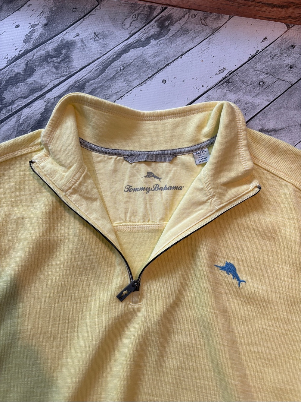Tommy Bahama Men's Light Yellow Quarter-Zip Sweater with Blue Marlin Logo